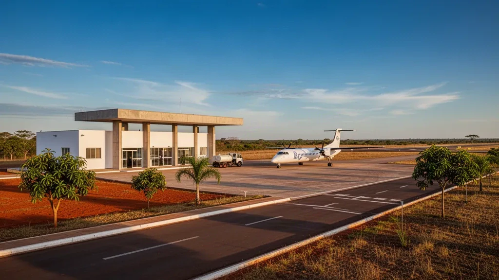 Low white terminal, parked regional turboprop and open apron at São Miguel do Araguaia Airport in Goiás, Brazil, in warm afternoon light.