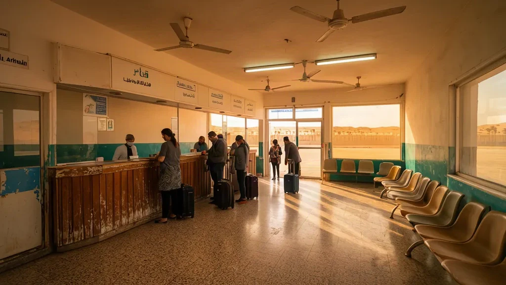 Innenraum des Terminals am Flughafen Sidi Barrani in Ägypten mit Check-in-Halle, Wartesitzen und sonnendurchfluteten Fenstern