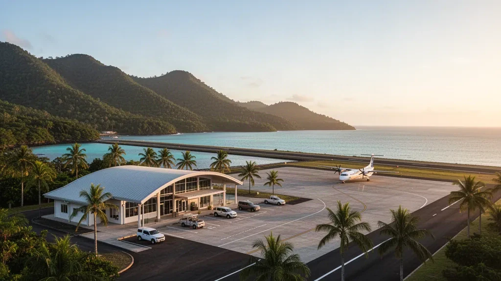 Tropical island terminal and coastal runway at Emalamo Airport in Sanana, North Maluku, Indonesia, at sunrise