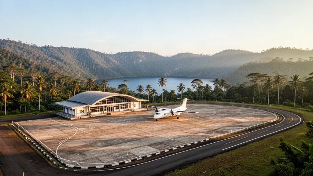 Small tropical airport terminal and parked turboprop amid forested hills near Lake Matano in Sulawesi, Indonesia, at golden hour