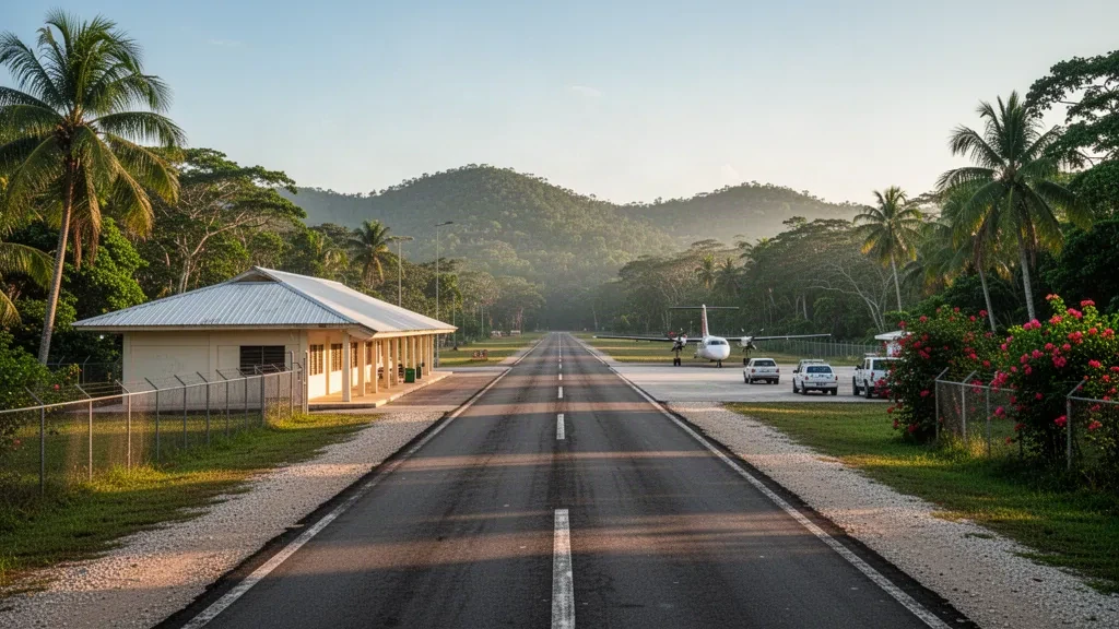 Piccola pista tropicale e terminal dell'Aeroporto Matthew Spain vicino a San Ignacio, Belize, incorniciati dalla giungla e dalla calda luce del tardo pomeriggio