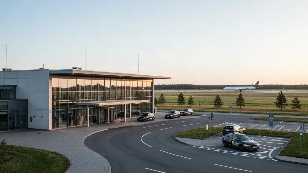 Außenansicht eines modernen Terminalgebäudes aus Glas mit Vorfahrtsbereich am Internationalen Flughafen Šiauliai in Litauen bei sanftem Licht am späten Nachmittag