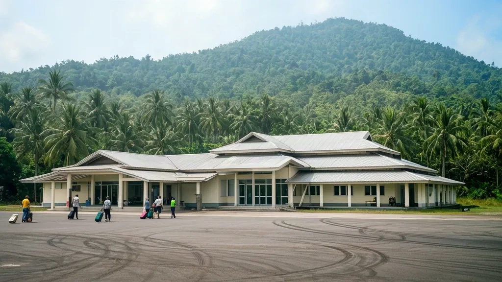 Pequeño edificio de terminal regional en el aeropuerto de Soroako (SQR) en Célebes Meridional, Indonesia, con viajeros y colinas tropicales verdes detrás