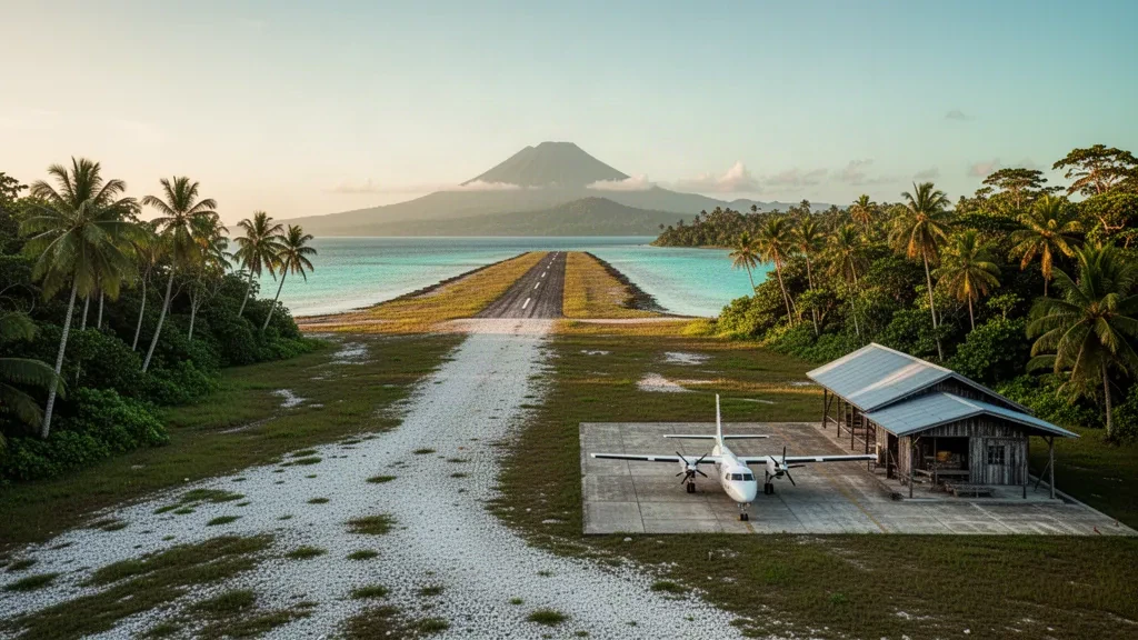 Avion à turbopropulseur à côté de la piste tropicale de l'aérodrome de China Strait, sur l'île de Samarai, en Papouasie-Nouvelle-Guinée, avec des palmiers et une mer turquoise