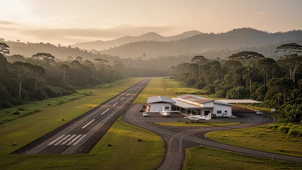 Kleiner regionaler Flugplatz, Start- und Landebahn und bescheidenes Terminal des Flughafens Saposoa in der Region San Martín in Peru, umgeben von üppigem Amazonas-Vorbergwald