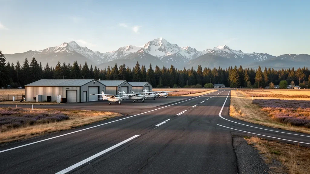 Start- und Landebahn des Sequim Valley Airport, kleine Hangars und abgestellte Leichtflugzeuge vor der Kulisse der Olympic Mountains im goldenen Licht