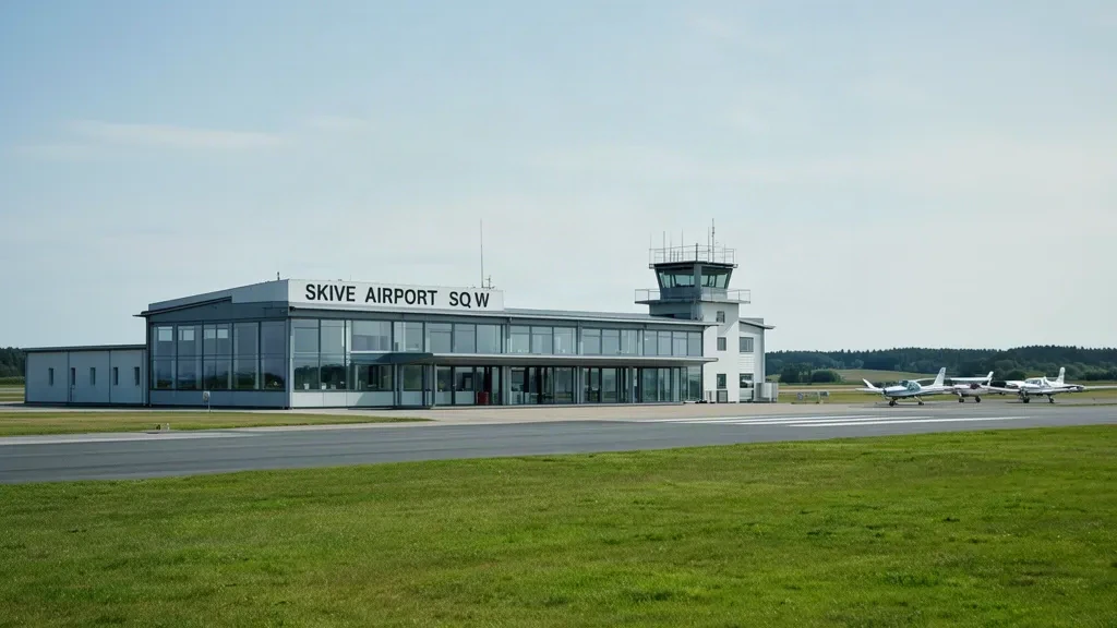 Exterior view of the modern terminal building at Skive Airport (SQW) in Denmark with runway and green fields.