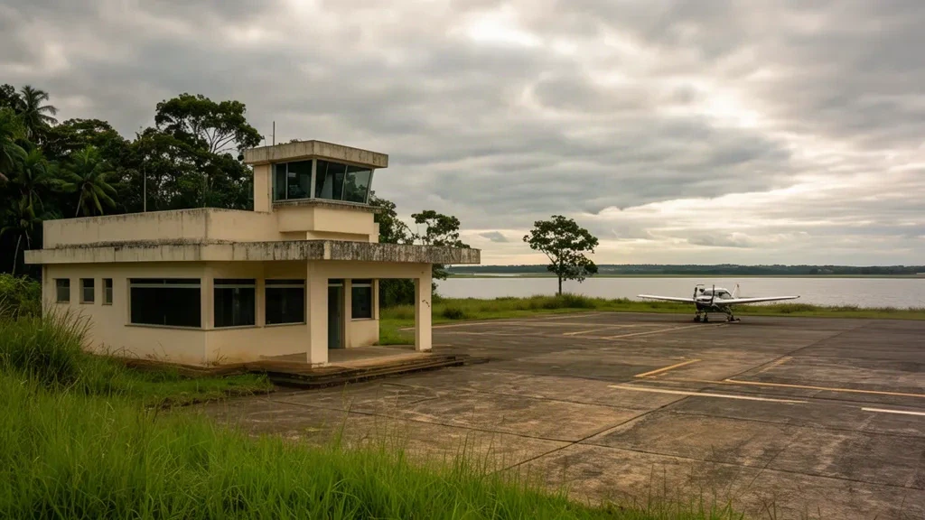 Kleines eingeschossiges Terminalgebäude und Vorfeld am Flughafen São Lourenço do Sul in Rio Grande do Sul, Brasilien