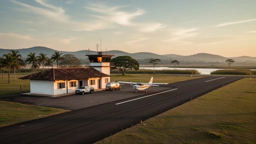 Pequeña terminal regional, plataforma y pista en el Aeropuerto de São Lourenço do Sul, en el sur de Brasil, durante la hora dorada
