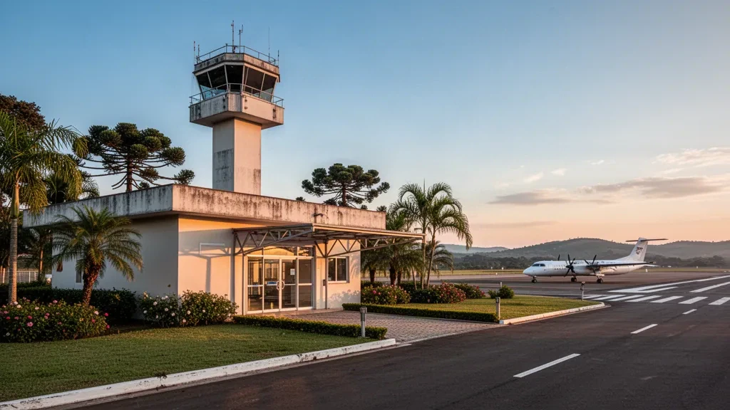 Terminal de poca altura y torre de control en el pequeño aeropuerto regional que sirve a Santa Rosa, Rio Grande do Sul, Brasil.