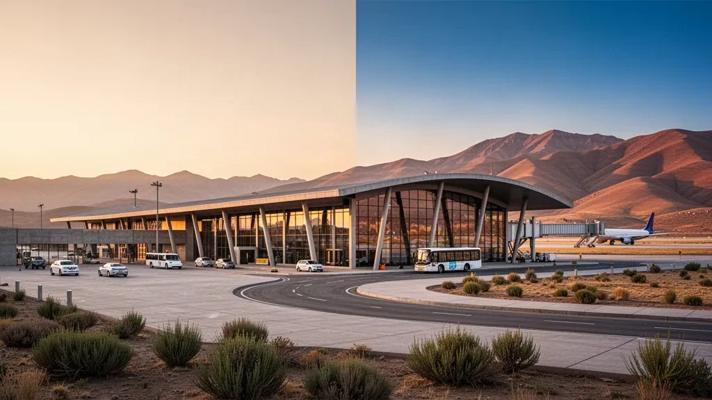 Modern glass terminal facade and forecourt drop-off lane at Alcantarí International Airport near Sucre, Bolivia, beneath Andean ridges at golden hour