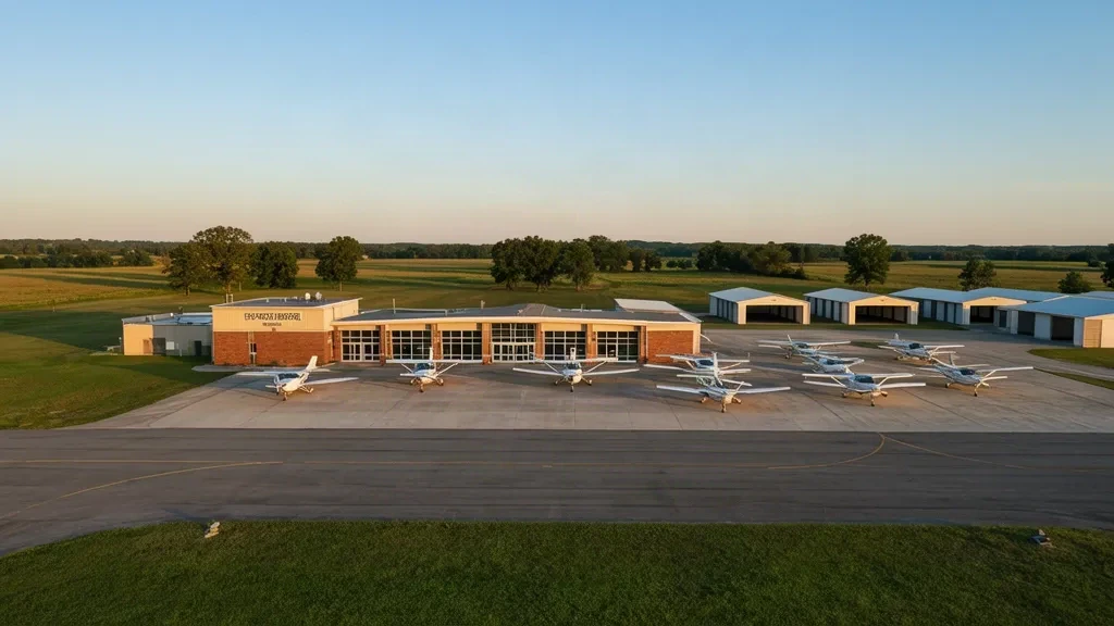 Exterior view of the small terminal and apron at Searcy Municipal Airport in Searcy, Arkansas, with parked light aircraft.