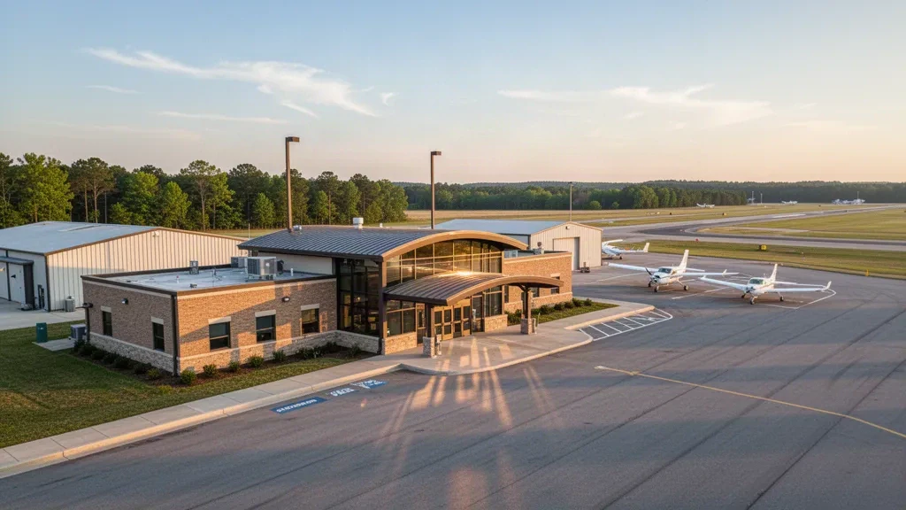 Terminal des Searcy Municipal Airport und Rollfeld der allgemeinen Luftfahrt in Arkansas zur goldenen Stunde, mit Hangars und abgestellten Flugzeugen.