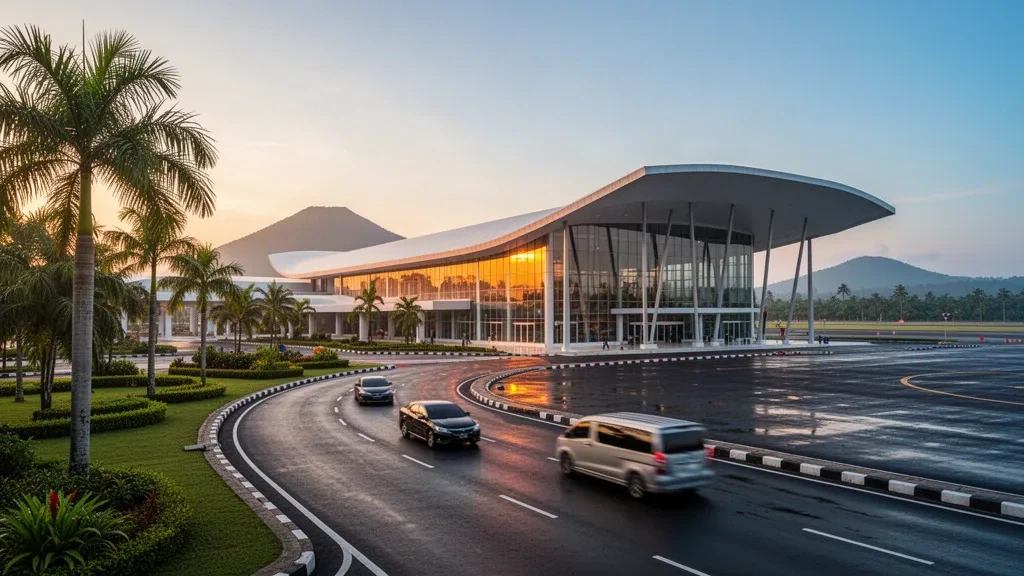 Terminal moderno in vetro e corsie di sosta all'Aeroporto Jenderal Ahmad Yani a Semarang, Indonesia, sotto una calda luce dorata