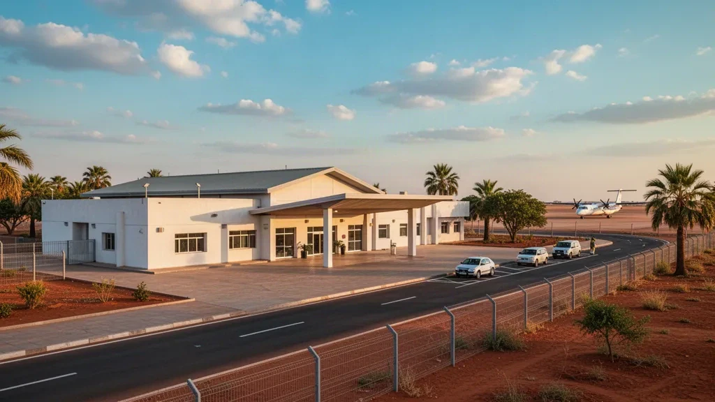 Terminal limpia de una sola planta en el Aeropuerto de Sarh, en Chad, durante la hora dorada, con plataforma abierta y entorno tropical.