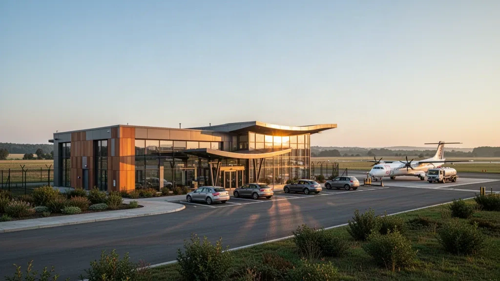 Sandringham Airport terminal exterior at golden hour with a curved drop-off lane and a turboprop aircraft on the apron
