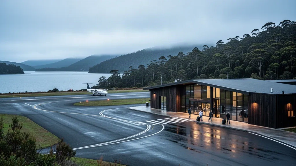 Terminal regional moderna en el aeropuerto de Strahan, en Tasmania, rodeada de selva tropical y una pista de aterrizaje mojada, bajo una luz costera suave.