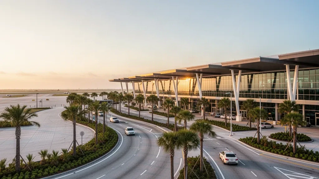 Modern glass terminal exterior at Sarasota Bradenton International Airport in Florida, with palm trees and a curbside drop-off lane at golden hour