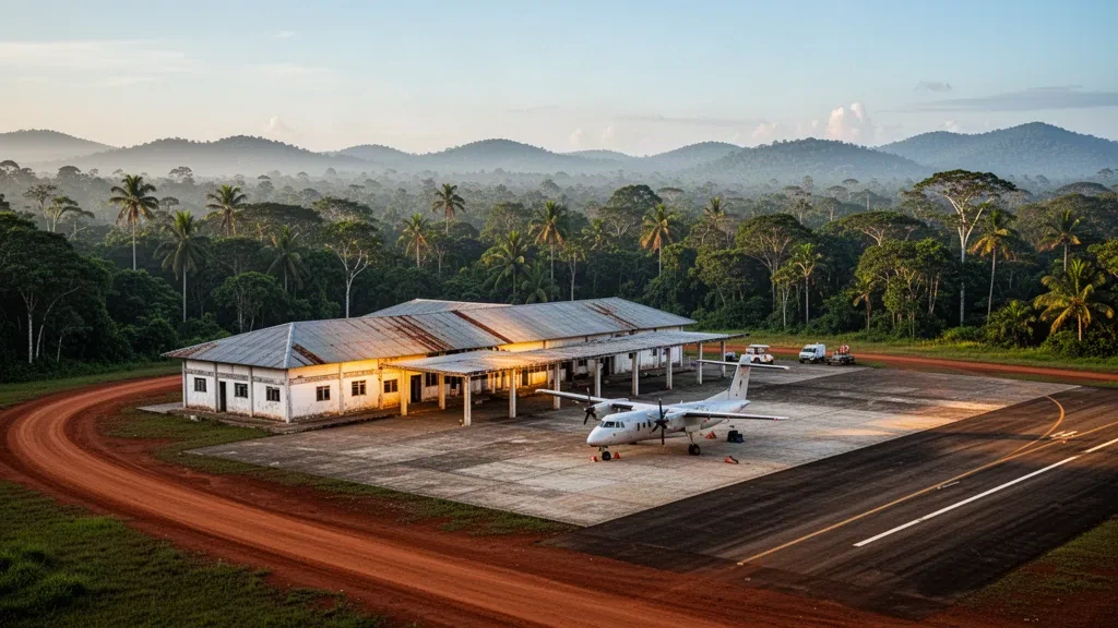 Kleines tropisches Terminal, Vorfeld und befestigte Start- und Landebahn am Flughafen Santana Ramos in Kolumbien, umgeben von Regenwald in warmem Nachmittagslicht
