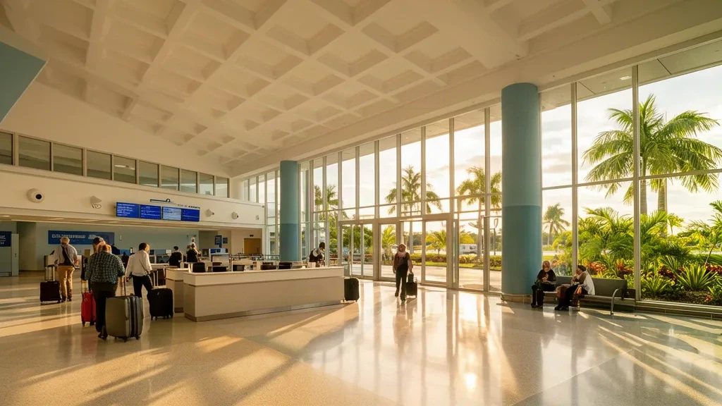Helle Abflughalle im Sarasota Bradenton International Airport mit Reisenden an den Check-in-Schaltern und sonnendurchfluteten Glaswänden