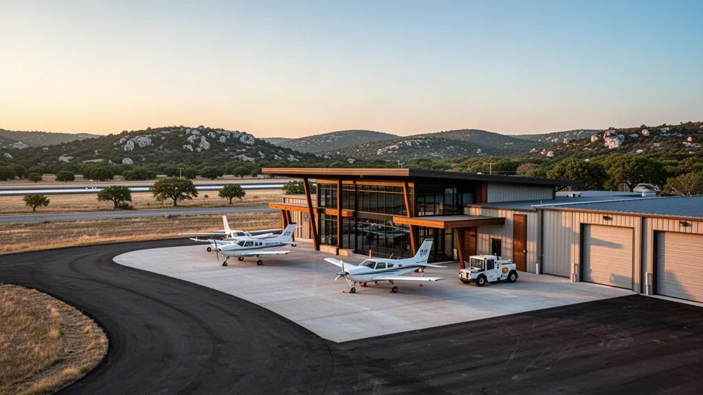 Vue à l'heure dorée d'un petit terminal aéroportuaire régional du Texas et de son tarmac avec de petits avions légers à côté des collines ondulantes du Hill Country