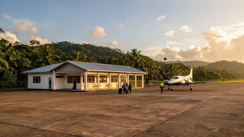 Piccolo fabbricato del terminal dell'aeroporto di San Marcos (SRS) a Sucre, Colombia, con una pista tranquilla e un paesaggio tropicale sotto la calda luce pomeridiana.