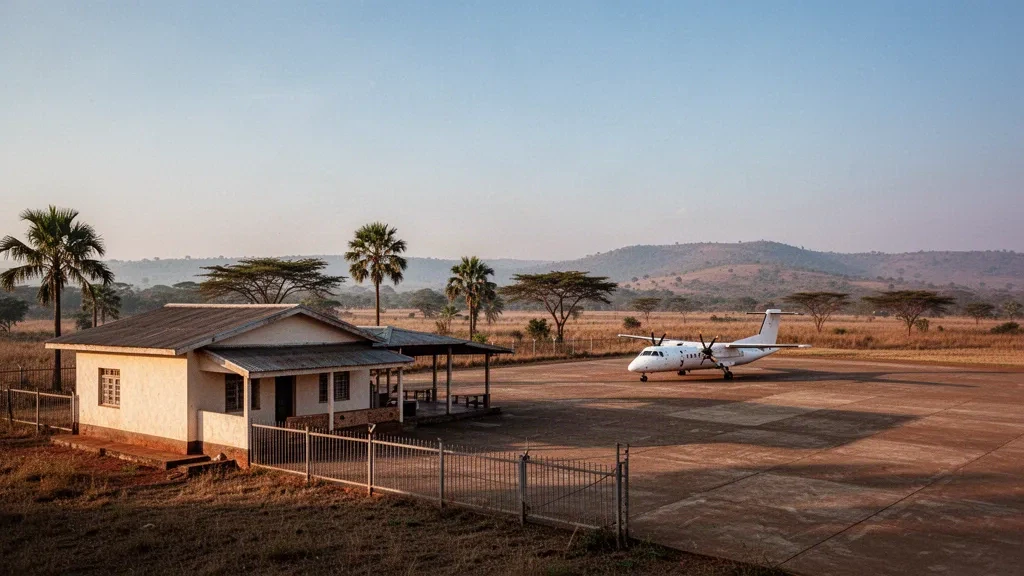 Pequeña terminal regional y plataforma de aeronaves en el Aeropuerto de Soroti en Uganda bajo la cálida luz dorada del final de la tarde