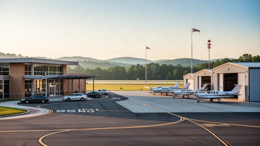 Golden-hour view of Mid-Carolina Regional Airport near Salisbury, North Carolina, with its general aviation terminal and aircraft ramp