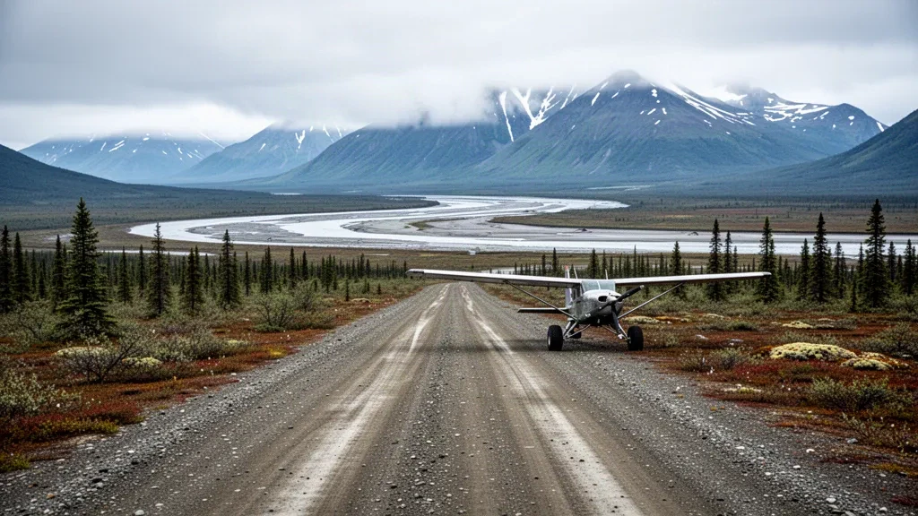 Alaska tundrasındaki Stony River Havaalanı'nda uzak bir çakıl pisti ve bozkır uçağı, arkasında örgülü bir nehir ve puslu dağ sırtları