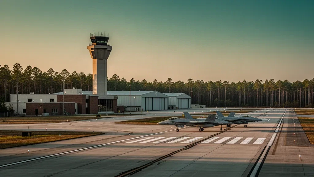 Wide golden-hour view of Shaw Air Force Base airfield in Sumter, South Carolina, with control tower, hangars and runway