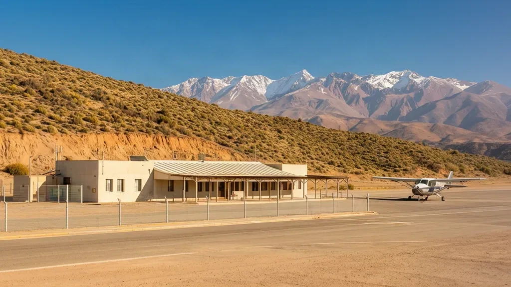 Terminal and apron of Víctor Lafón Airport in San Felipe, Chile, with dry Andean foothills rising behind the runway