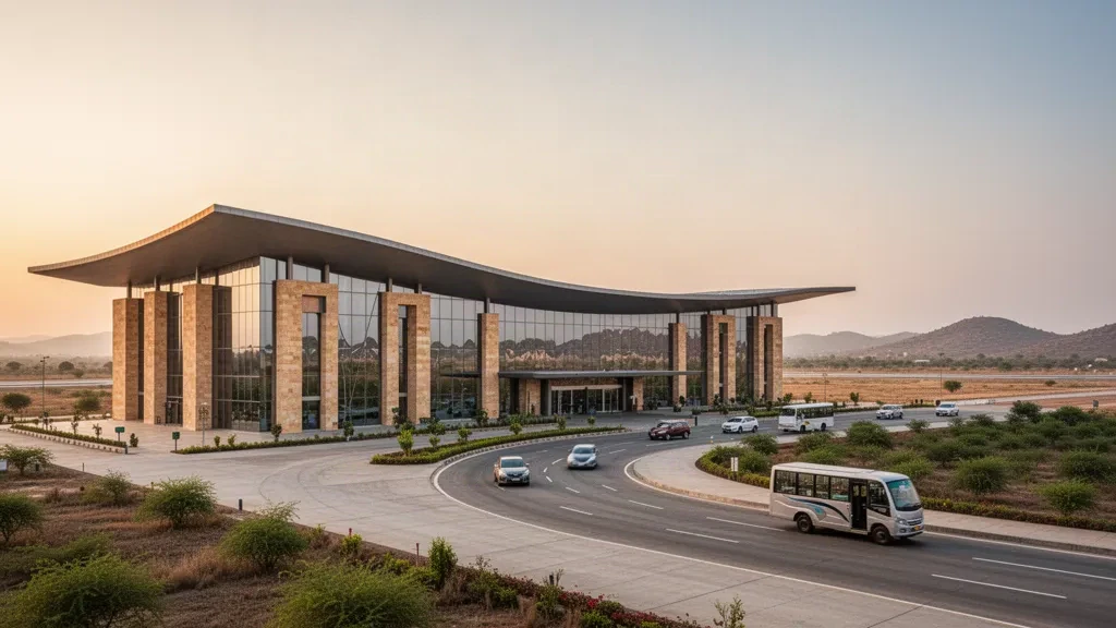 Außenansicht des modernen Terminals des Flughafens Solapur in Maharashtra zur goldenen Stunde, mit Glasfassade, Bringspur und Flughafenzufahrtsstraße.