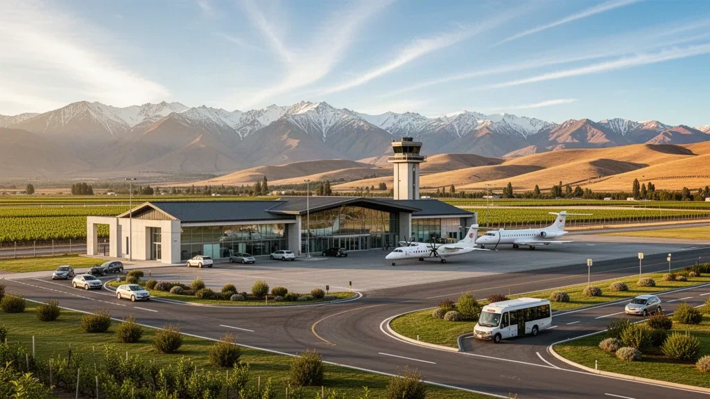 Regionaler Flughafenterminal und Vorfeld mit geparkten Flugzeugen, Weinbergen und Andenausläufern in der Nähe des Flughafens Víctor Lafón in San Felipe, Chile