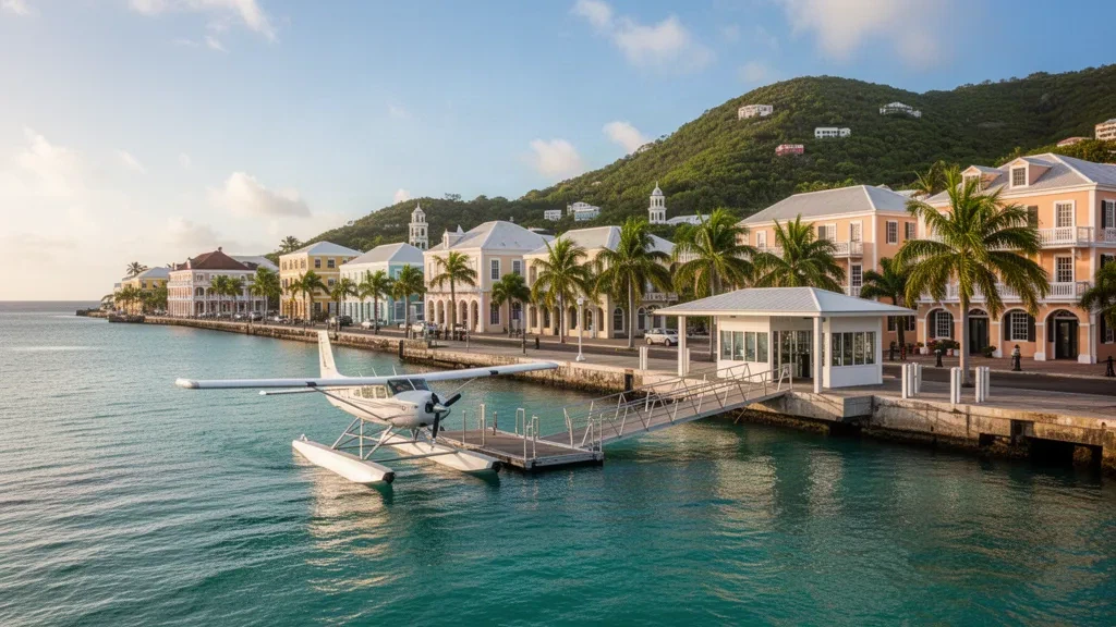 St. Croix'deki Christiansted Harbor Deniz Uçağı Üssü'nde rıhtıma bağlı deniz uçağı, turkuaz Karayip suları ve gün batımında tarihi sahil binaları.