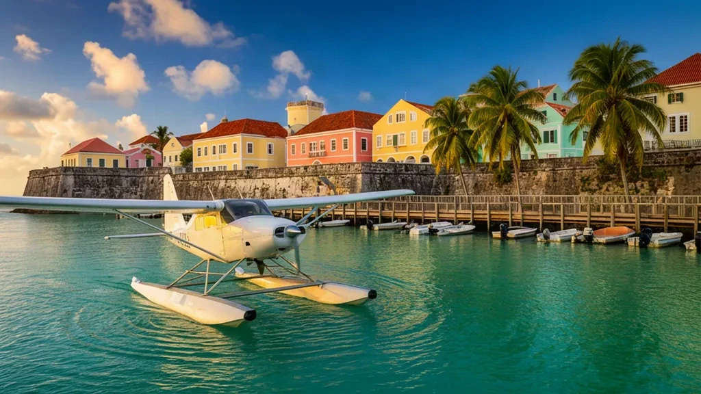 St. Croix'deki Christiansted Harbor Deniz Uçağı Üssü'nde turkuaz su üzerinde dinlenen deniz uçağı ve arkasında tarihi pastel renkli sahil
