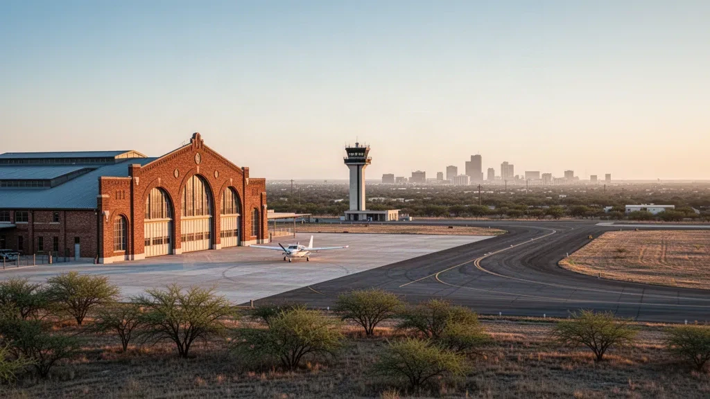 Historic brick hangar and a light aircraft on the sunlit apron at Stinson Municipal Airport in San Antonio, Texas at golden hour.