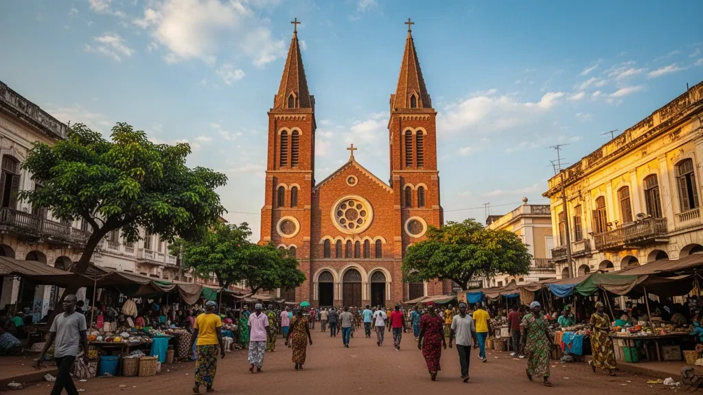 The Cathedral of St. Peter and Paul in Lubumbashi, Haut-Katanga, DRC, bathed in golden afternoon light with city street life.