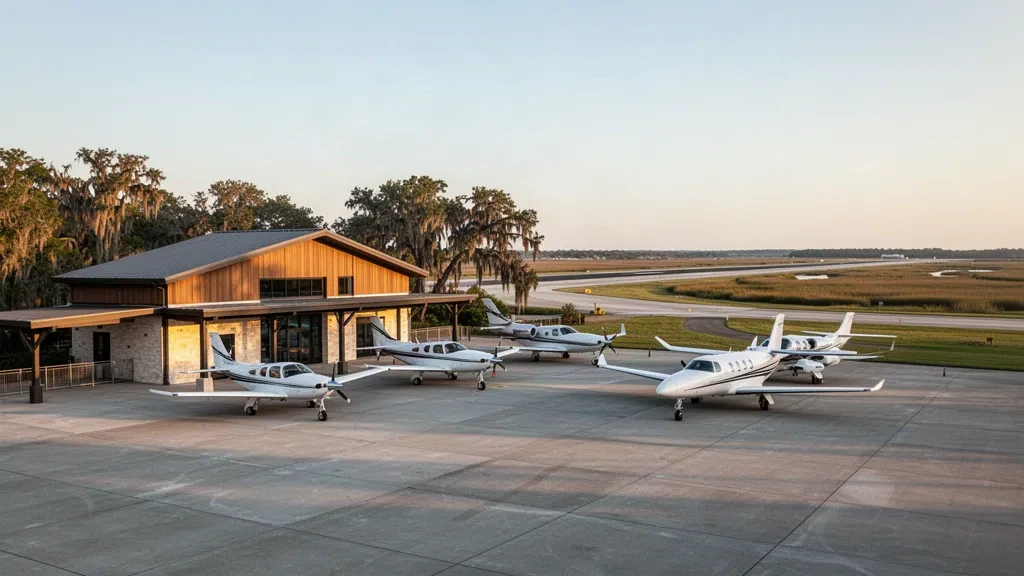 Terminal per aviazione generale costiero, piazzale e jet aziendali all'aeroporto di St Simons Island in Georgia durante l'ora d'oro