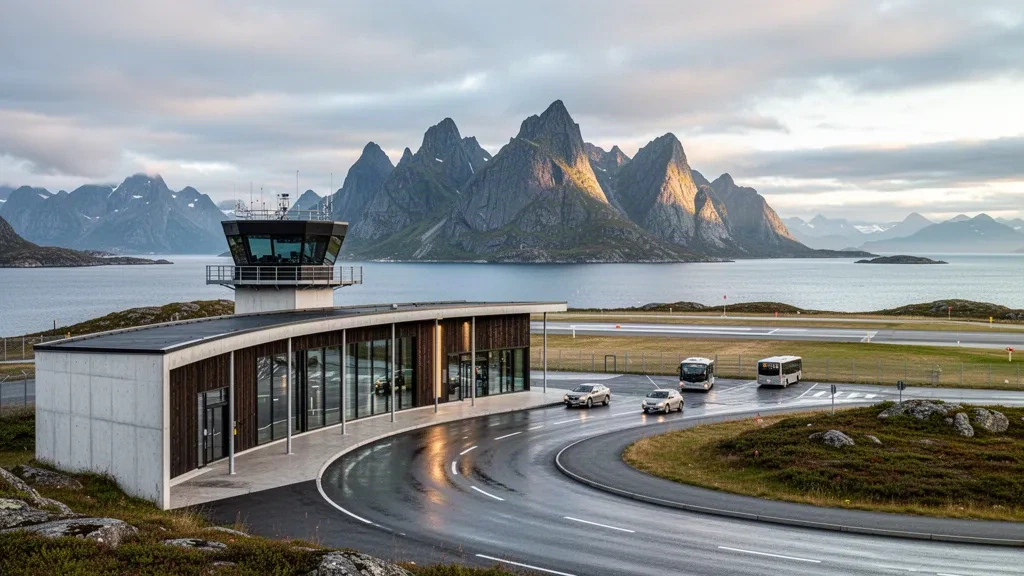 Terminal und Start- und Landebahn des Flughafens Sandnessjøen Stokka an der norwegischen Küste mit Fjord und Bergkulisse im Hintergrund