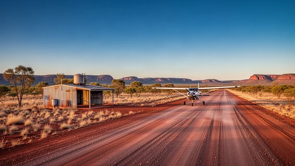 Remote Outback airstrip at Sturt Creek in Western Australia with a red dirt runway, low scrub and vast open sky at golden hour.