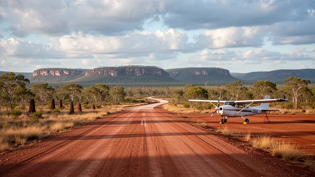 Abgelegene Schotterpiste am Flughafen Silver Plains auf der Cape-York-Halbinsel mit einem Kleinflugzeug neben der Startbahn zur goldenen Stunde