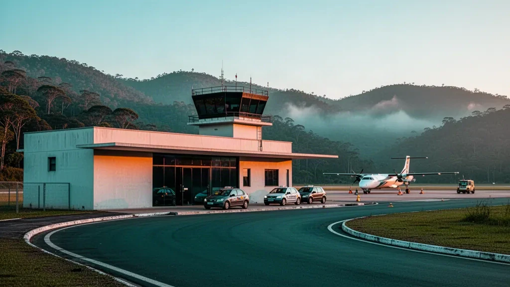 Regionalterminal und Bringspur am Flughafen São Lourenço in Minas Gerais, umrahmt von grünen Bergketten der Mantiqueira zur goldenen Stunde