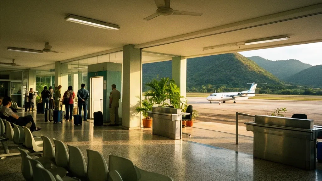 Innenraum des Regionalterminals am Flughafen São Lourenço in Minas Gerais, Brasilien, mit Wartebereich, Glaswänden und grünen Bergen im Hintergrund