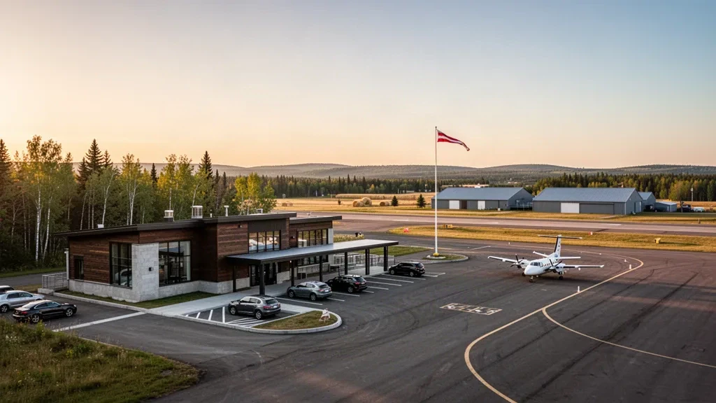 Terminal, Vorfeld und Startbahn des Flughafens La Sarre in der Abitibi-Region in Quebec im warmen Licht der goldenen Stunde