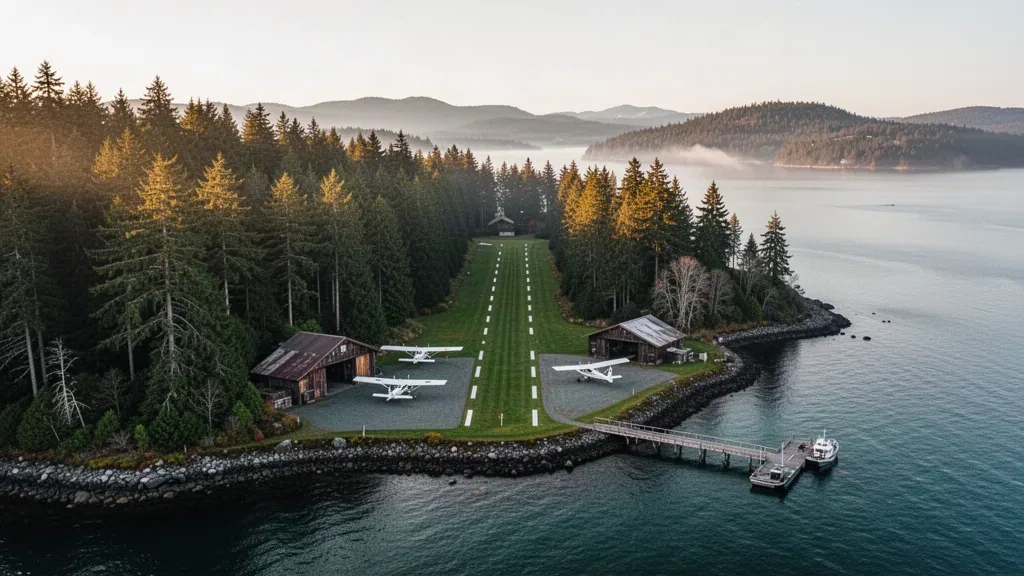 Pista in erba, hangar in legno e aerei da bush presso lo Stuart Island Airpark tra la foresta sempreverde e le acque del Puget Sound nelle San Juan Islands