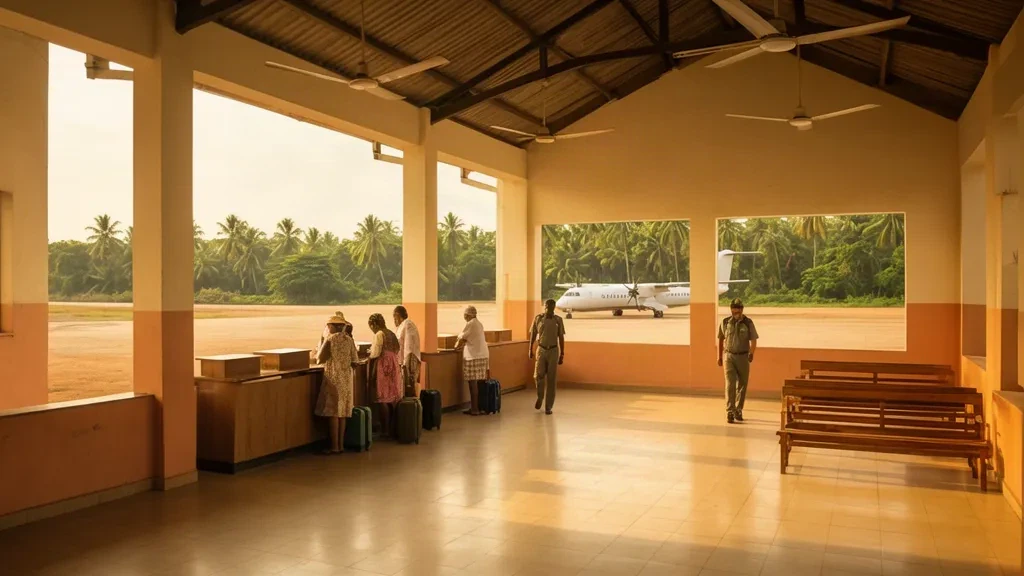 Interior de la terminal SSY del aeropuerto de Mbanza Congo en Angola con mostradores de facturación, pasajeros esperando y cálida luz tropical diurna
