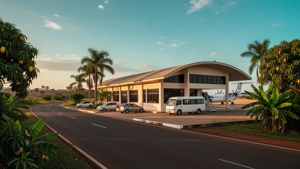 Piccolo terminal regionale e corsia di sosta all'aeroporto di Mbanza Congo in Angola con calda luce tropicale dell'ora d'oro