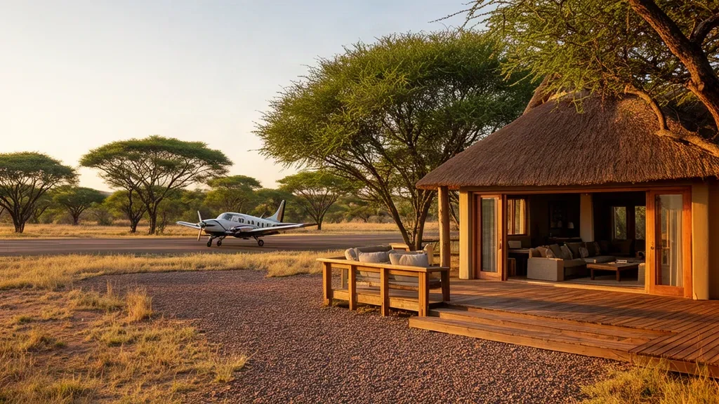 Esterno del terminal del Singita Safari Lodge Airport con tetto di paglia, terrazza in legno e un piccolo aereo sulla pista di ghiaia nel bushveld sudafricano.