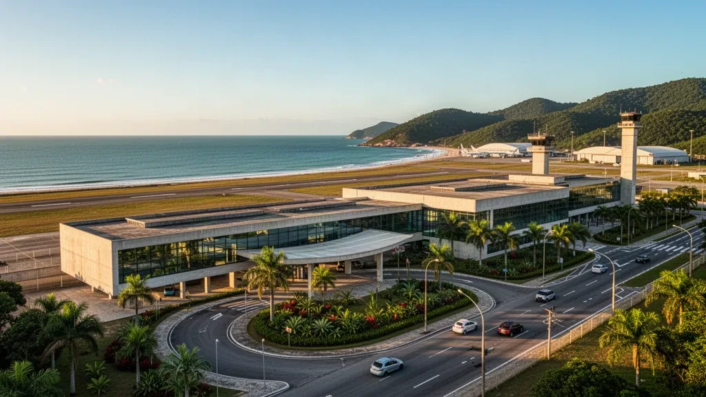 Wide view of Guarujá Airport terminal and coastal runway at golden hour, with green hills and ocean in the background.