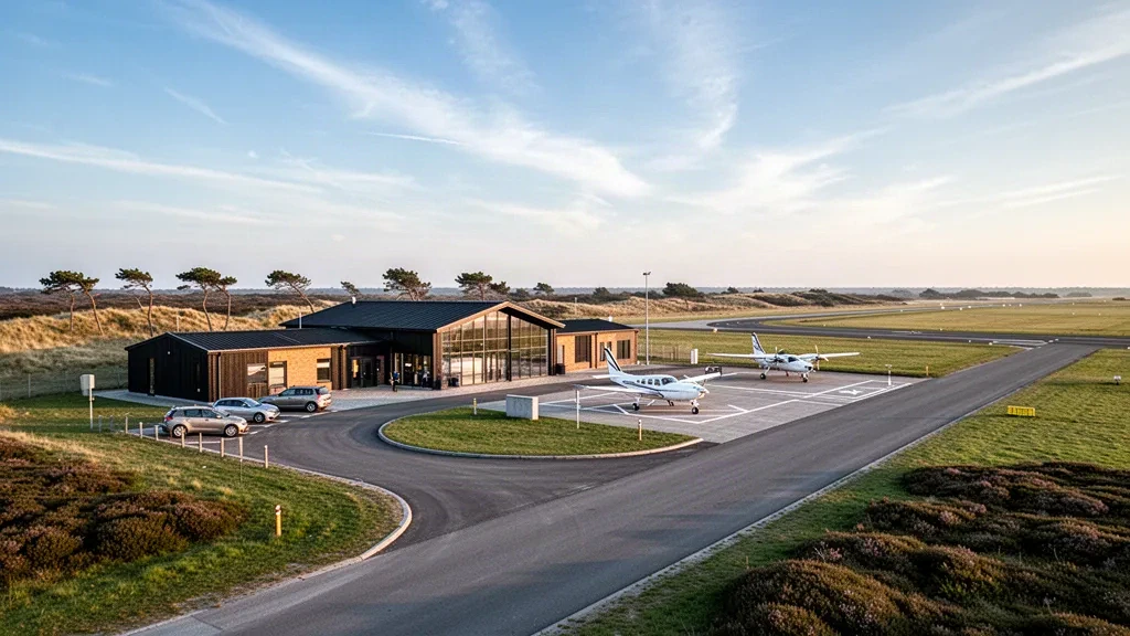 Modern low terminal and apron at Stauning Vestjylland Airport in West Jutland, Denmark, lit at golden hour